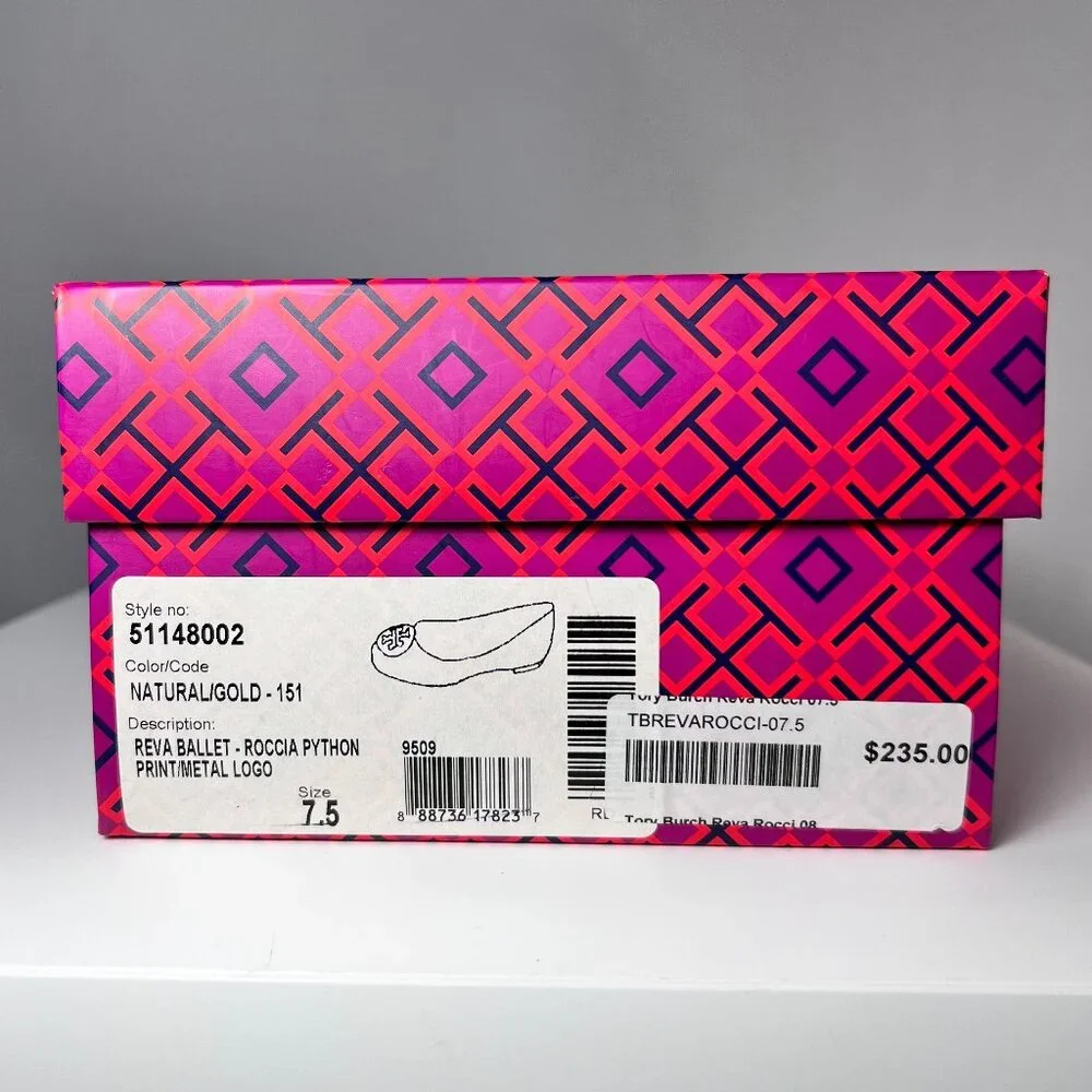 TORY BURCH Reva Ballet Roccia Python Flats with Metal Logo 7.5